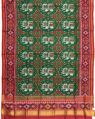 Red & Green Elephant Chhabdi Semi Double Ikat Patola Saree - SindhoiPatolaArt
