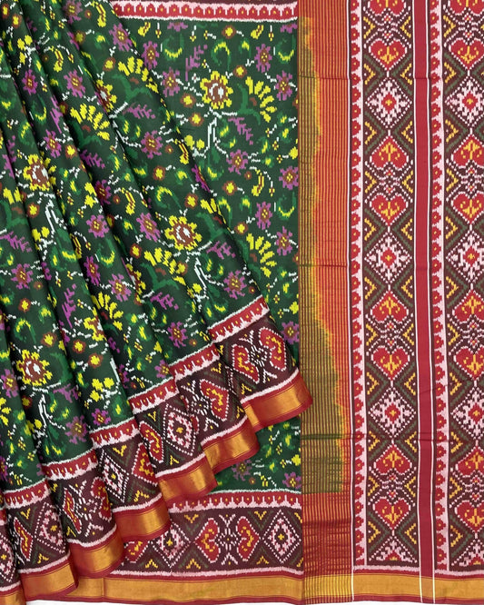 Red & Green Fancy Flower Designer Patola Saree - SindhoiPatolaArt
