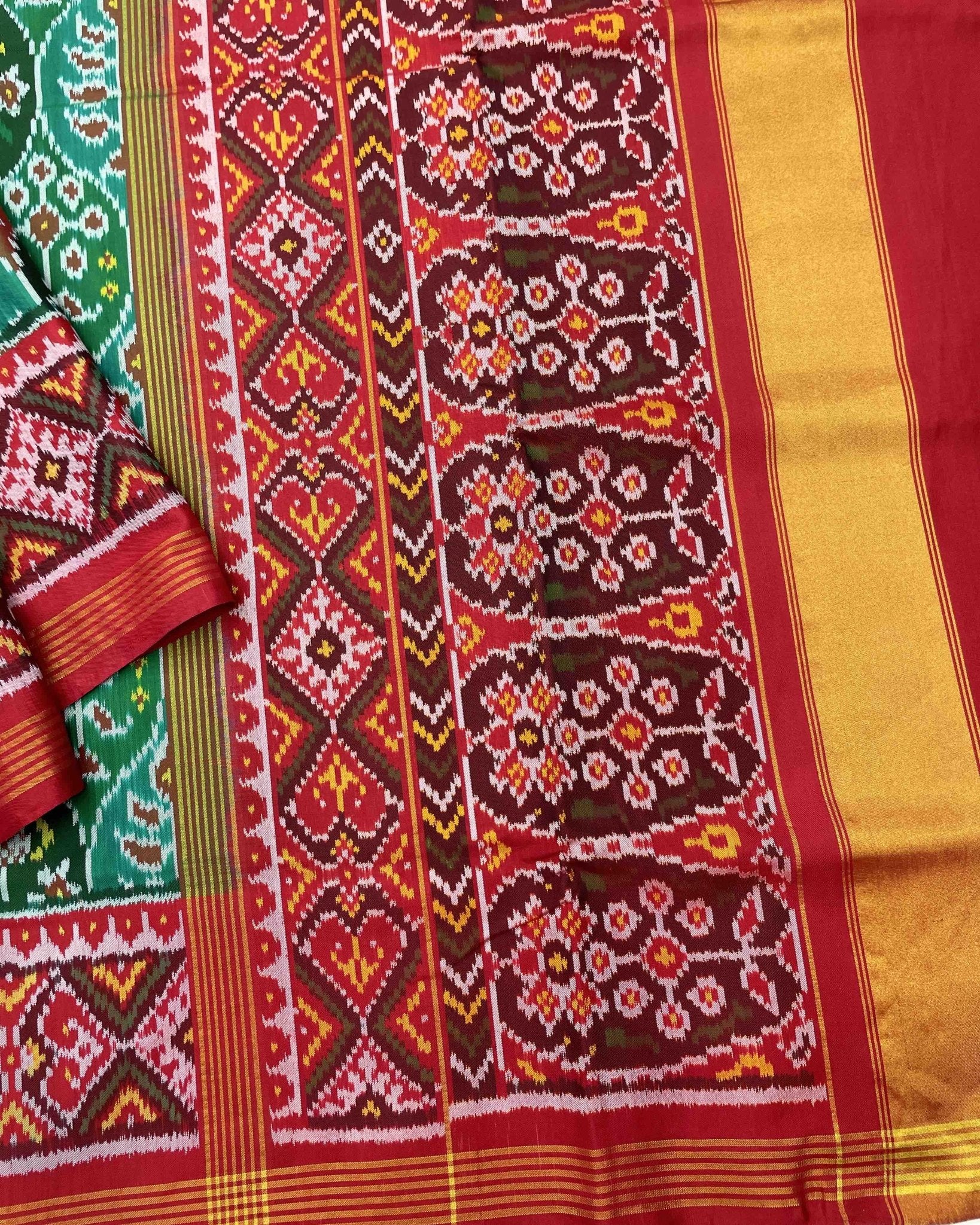Red & Green Flower Designer Patola Saree - SindhoiPatolaArt