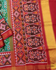 Red & Green Flower Designer Patola Saree - SindhoiPatolaArt