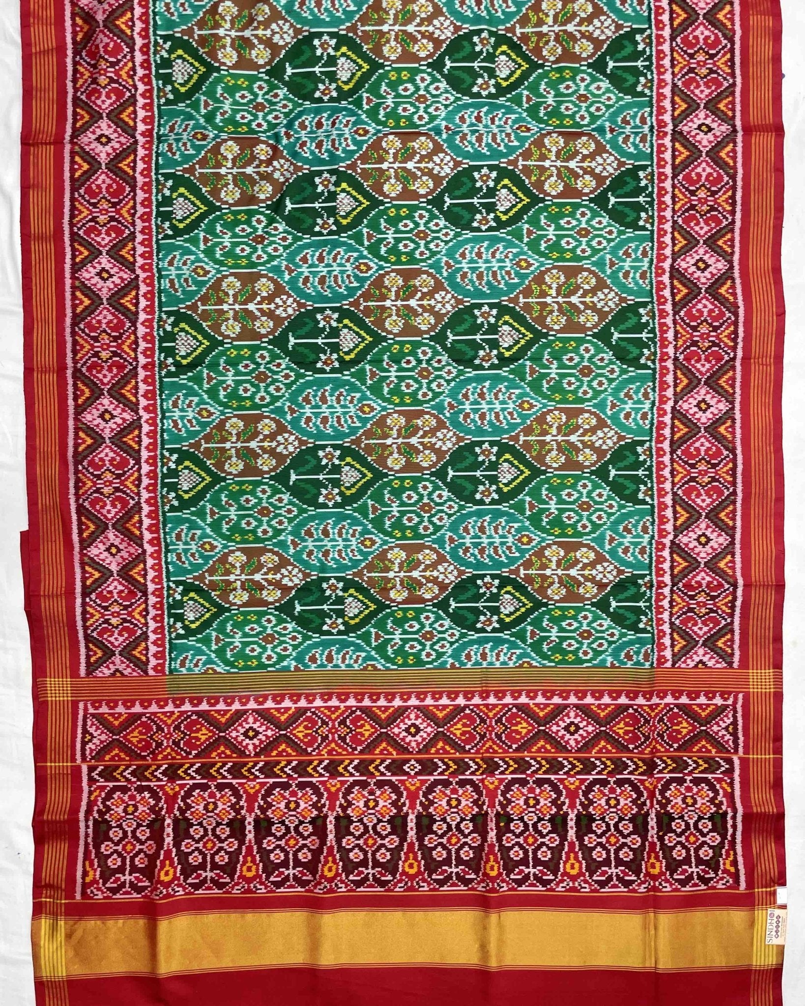 Red & Green Flower Designer Patola Saree - SindhoiPatolaArt