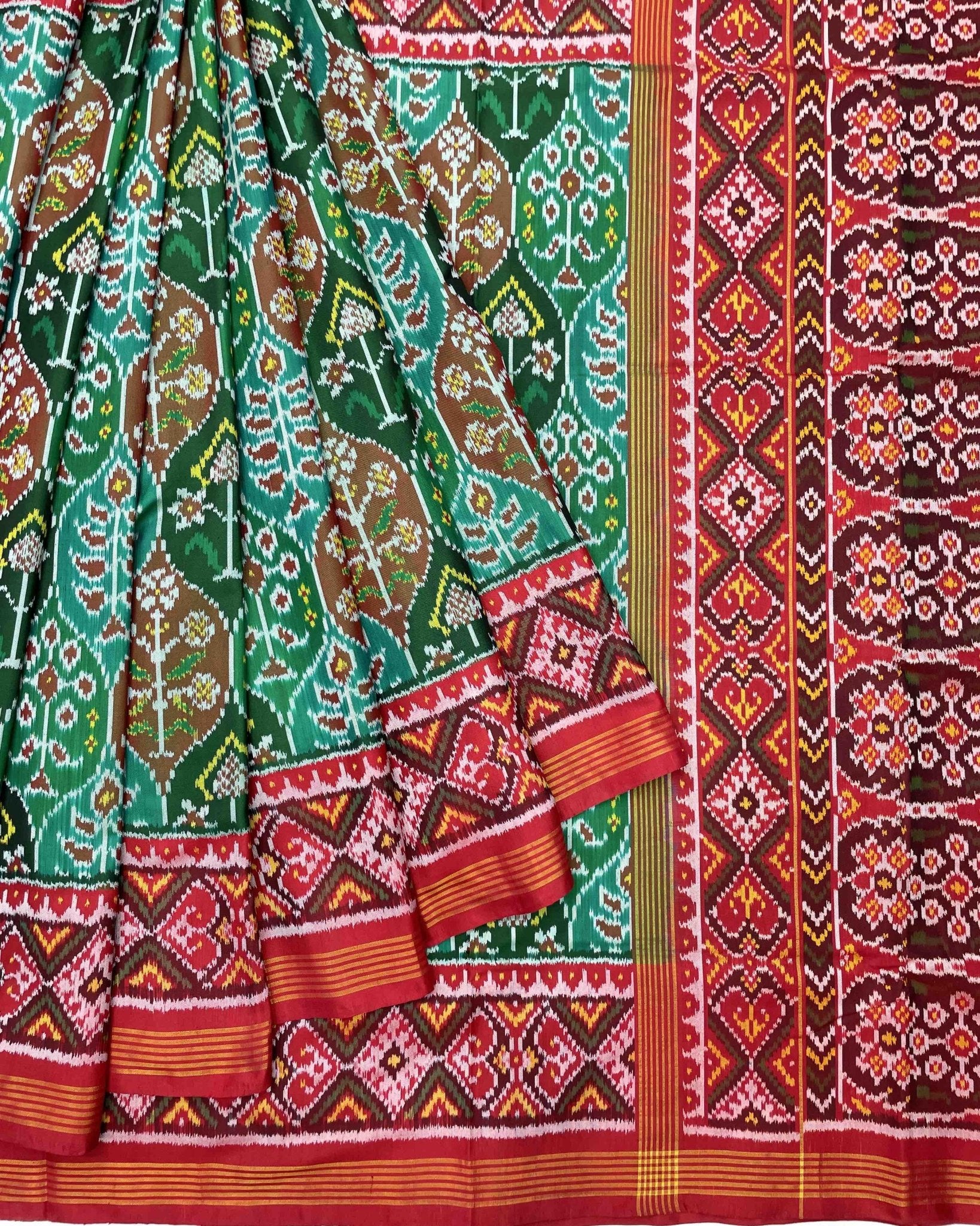 Red & Green Flower Designer Patola Saree - SindhoiPatolaArt