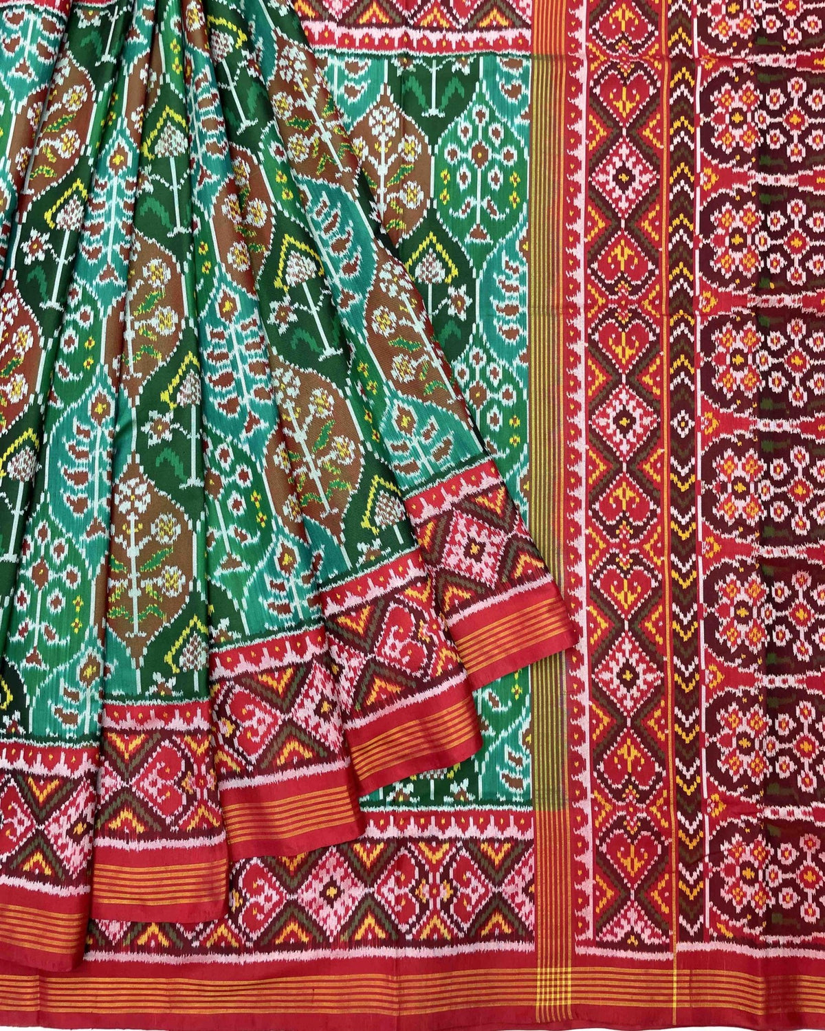 Red & Green Flower Designer Patola Saree - SindhoiPatolaArt