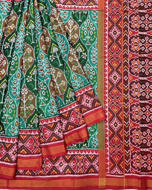 Red & Green Flower Designer Patola Saree - SindhoiPatolaArt