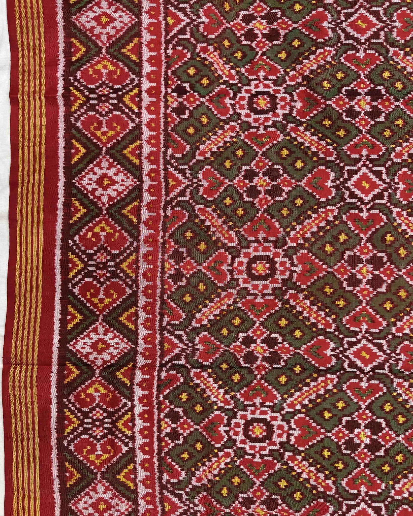 Red & Green Manekchowk Semi Double Ikat Patola Saree - SindhoiPatolaArt