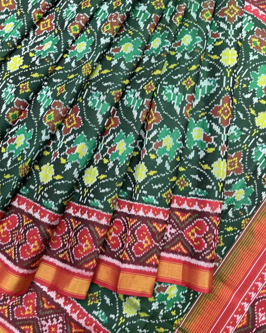 Red & Green Matka Flower Patola Saree - SindhoiPatolaArt
