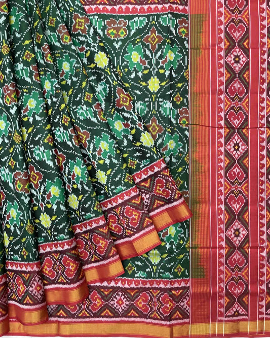 Red & Green Matka Flower Patola Saree - SindhoiPatolaArt
