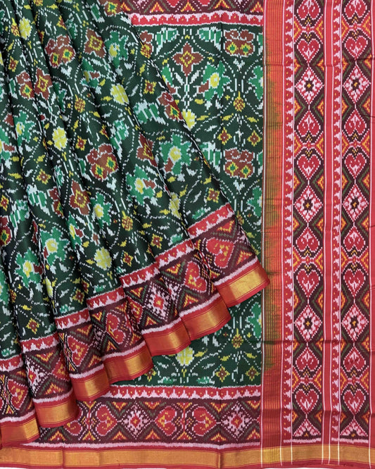Red & Green Matka Flower Patola Saree - SindhoiPatolaArt