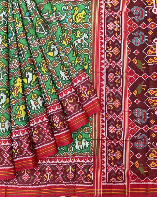 Red & Green Narikunj Designer Patola Saree - SindhoiPatolaArt