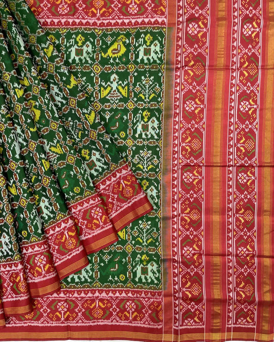 Red & Green Narikunj Designer Patola Saree - SindhoiPatolaArt
