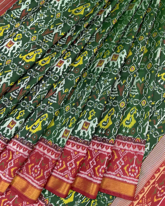 Red & Green Narikunj Designer Patola Saree - SindhoiPatolaArt