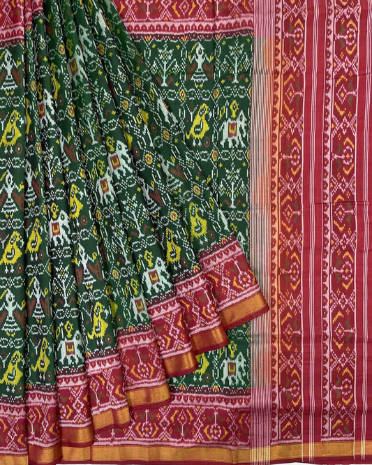 Red & Green Narikunj Designer Patola Saree - SindhoiPatolaArt