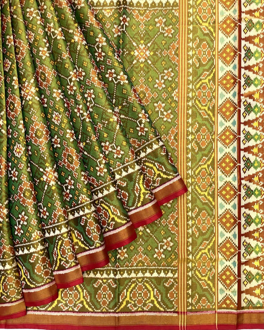 Red & Green Navratan Tissue Patola Saree - SindhoiPatolaArt