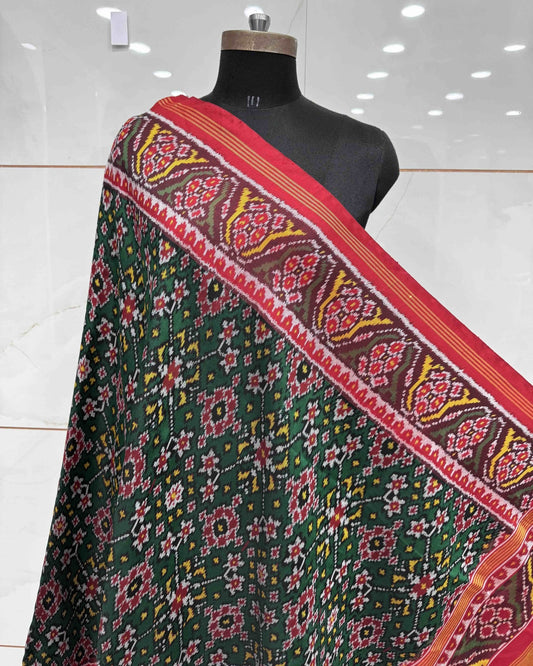 Red & Green Navratan Twill Patola Dupatta - SindhoiPatolaArt