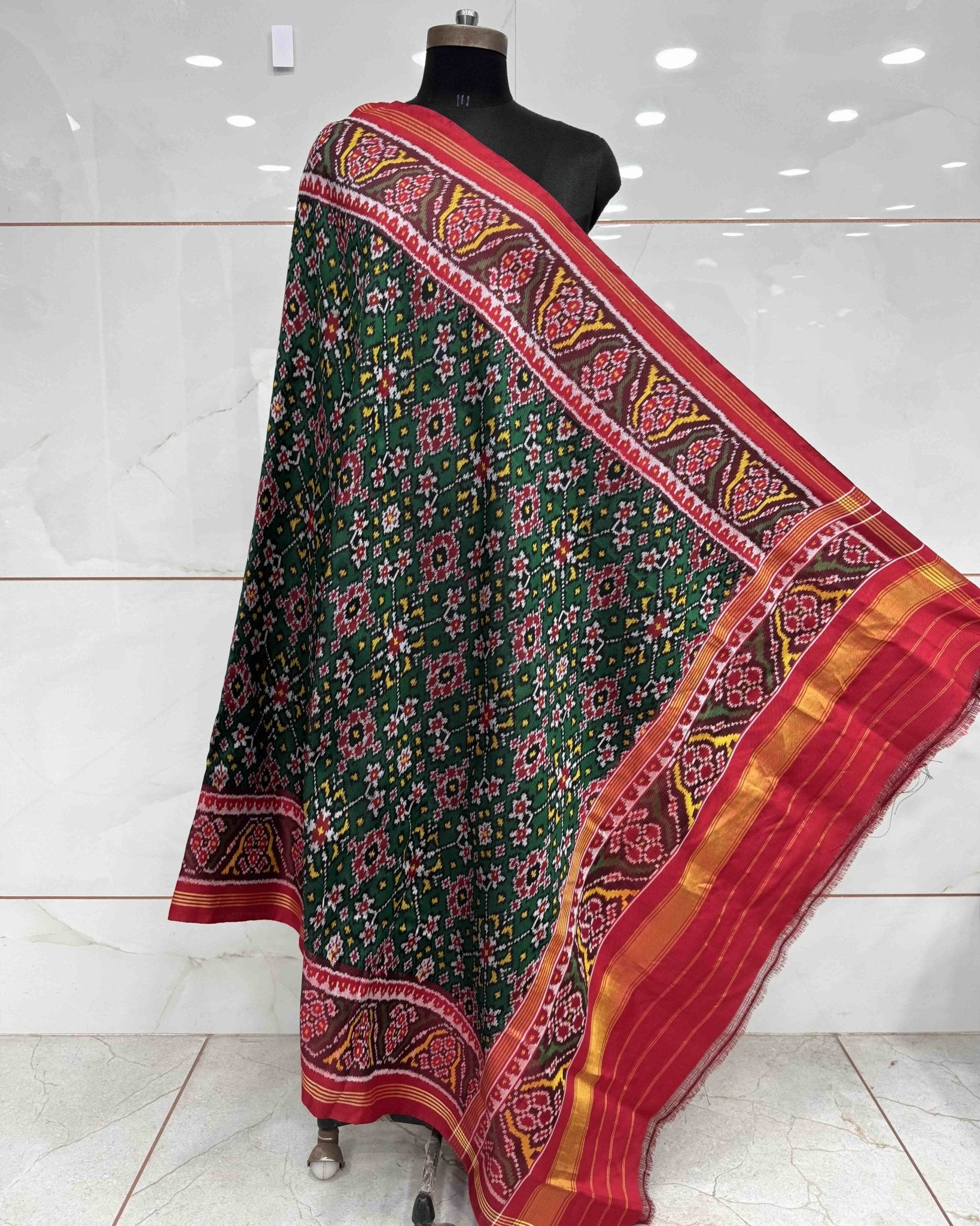 Red & Green Navratan Twill Patola Dupatta - SindhoiPatolaArt