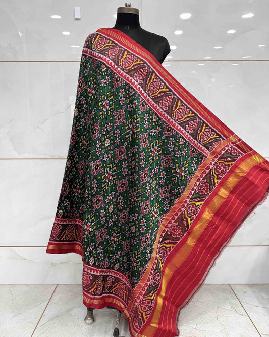 Red & Green Navratan Twill Patola Dupatta - SindhoiPatolaArt
