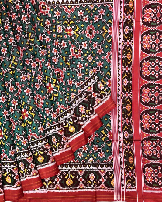 Red & Green Navratan Twill Patola Saree - SindhoiPatolaArt