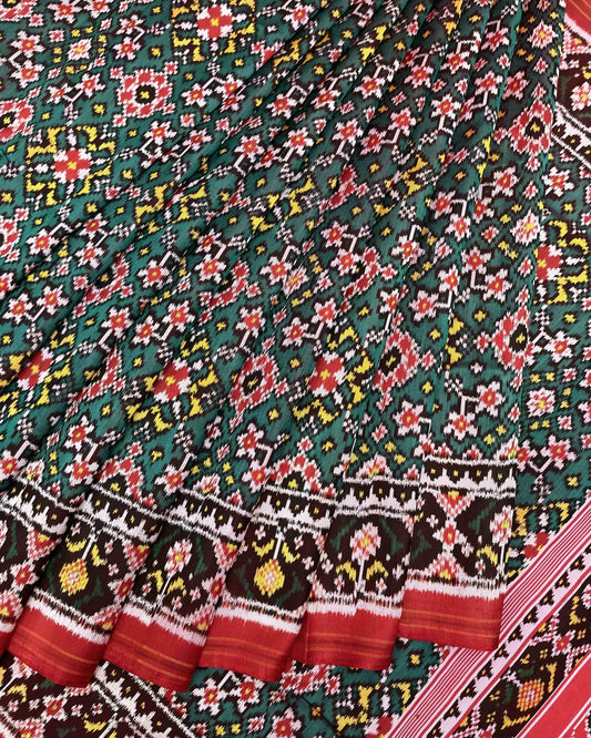 Red & Green Navratan Twill Patola Saree - SindhoiPatolaArt
