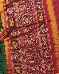 Red & Green Semi Double Ikat Bandhani Patola Saree - SindhoiPatolaArt