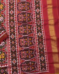 Red & Green Star Narikunj Semi Double Ikat Patola Saree - SindhoiPatolaArt