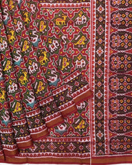Red & Green Star Narikunj Semi Double Ikat Patola Saree - SindhoiPatolaArt