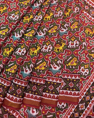 Red & Green Star Narikunj Semi Double Ikat Patola Saree - SindhoiPatolaArt