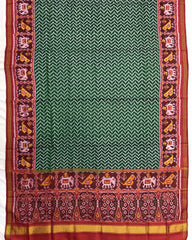 Red & Green Zig Zag Lining Semi Double Ikat Patola Dupatta - SindhoiPatolaArt