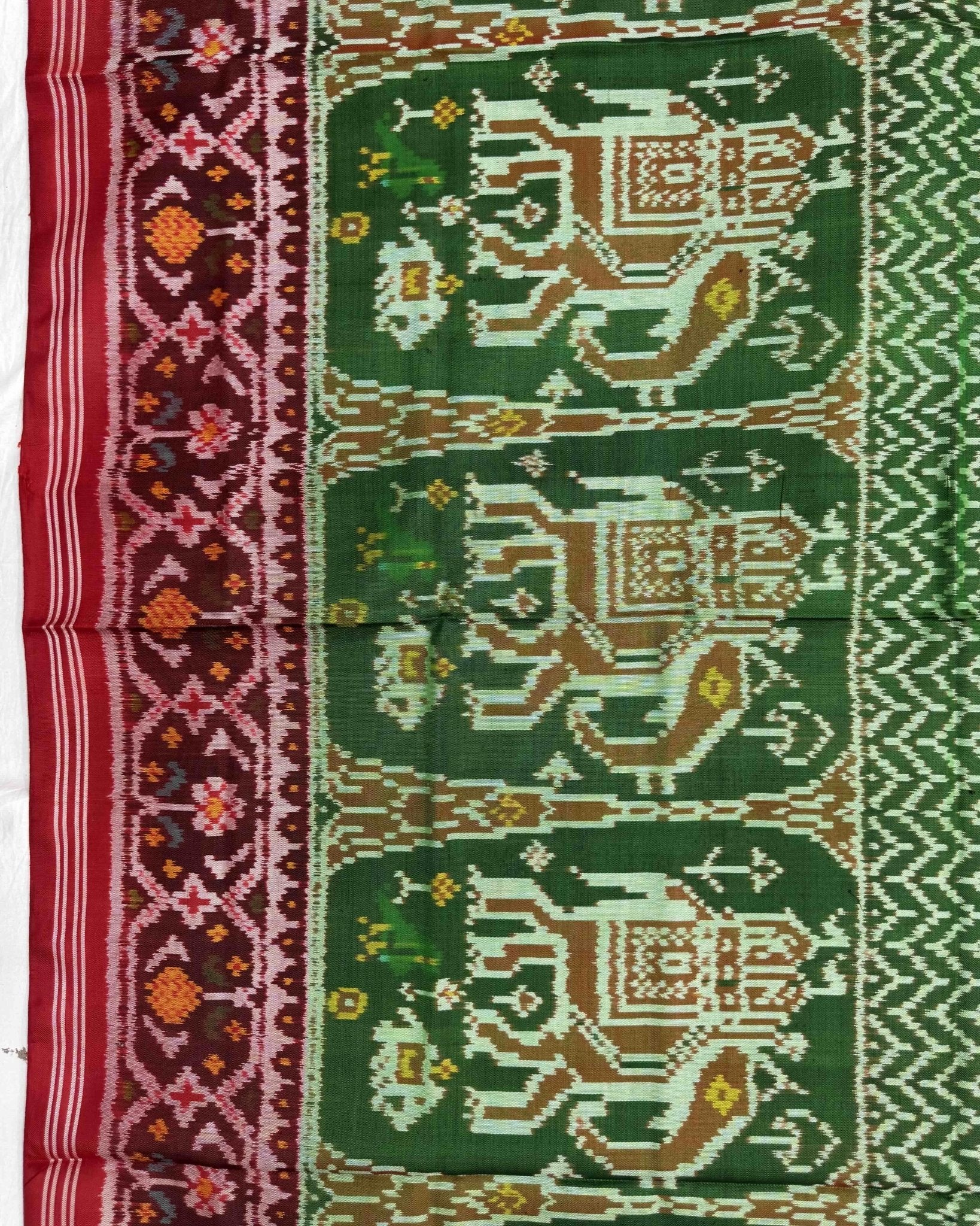 Red & Green Zig Zag Lining with Elephant Scut Border Semi Double Ikat Patola Saree - SindhoiPatolaArt