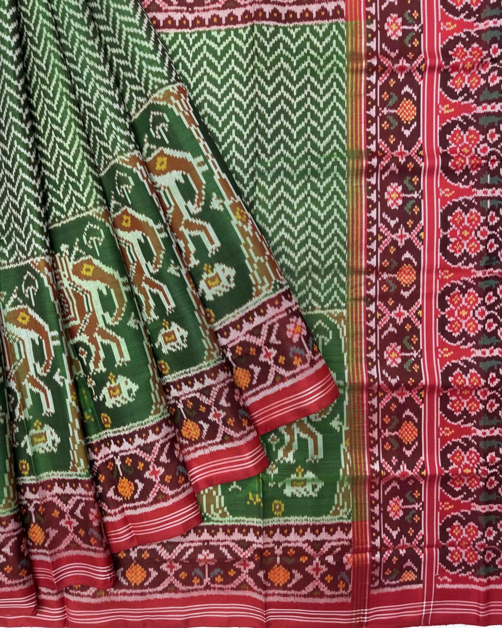 Red & Green Zig Zag Lining with Elephant Scut Border Semi Double Ikat Patola Saree - SindhoiPatolaArt