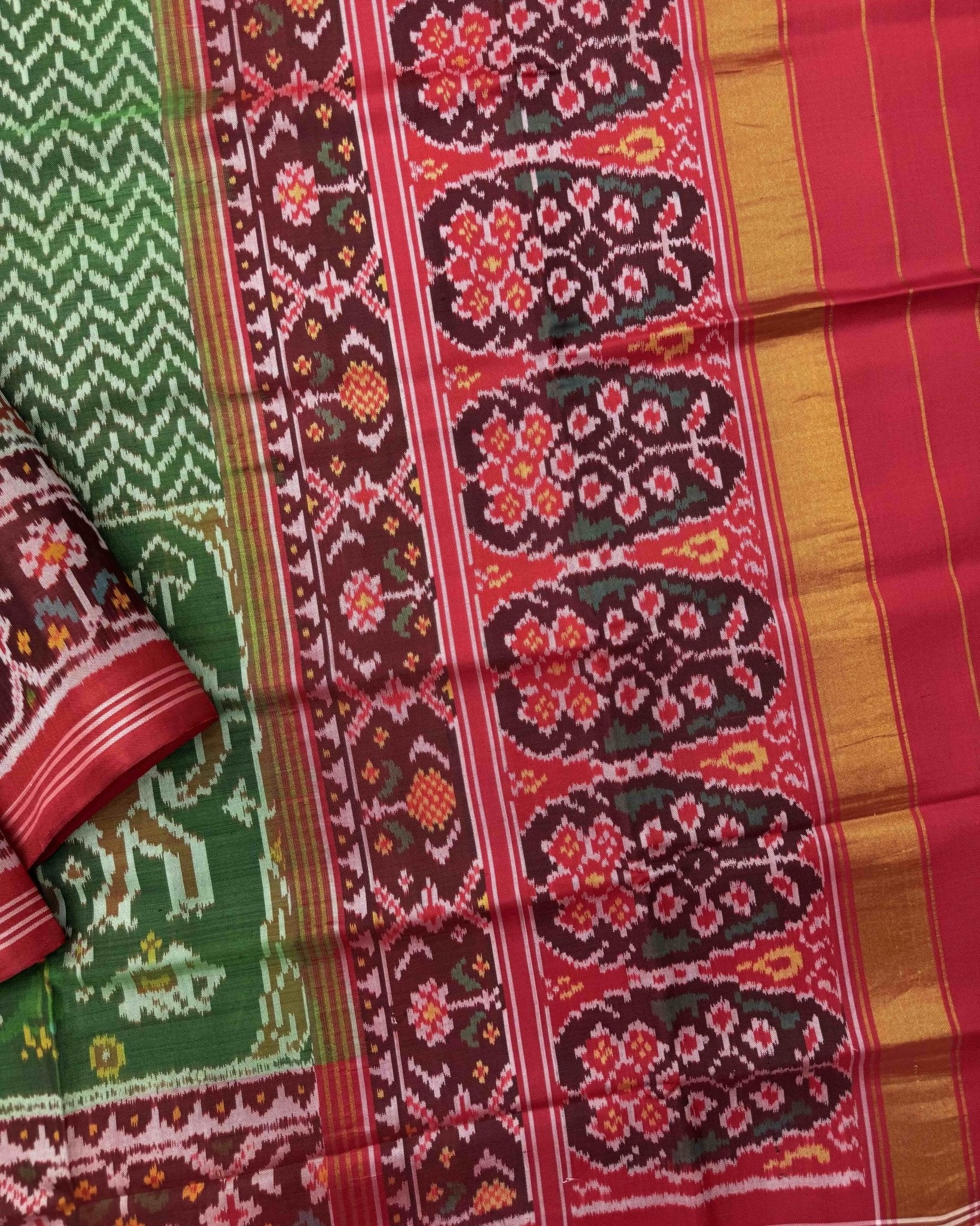 Red & Green Zig Zag Lining with Elephant Scut Border Semi Double Ikat Patola Saree - SindhoiPatolaArt