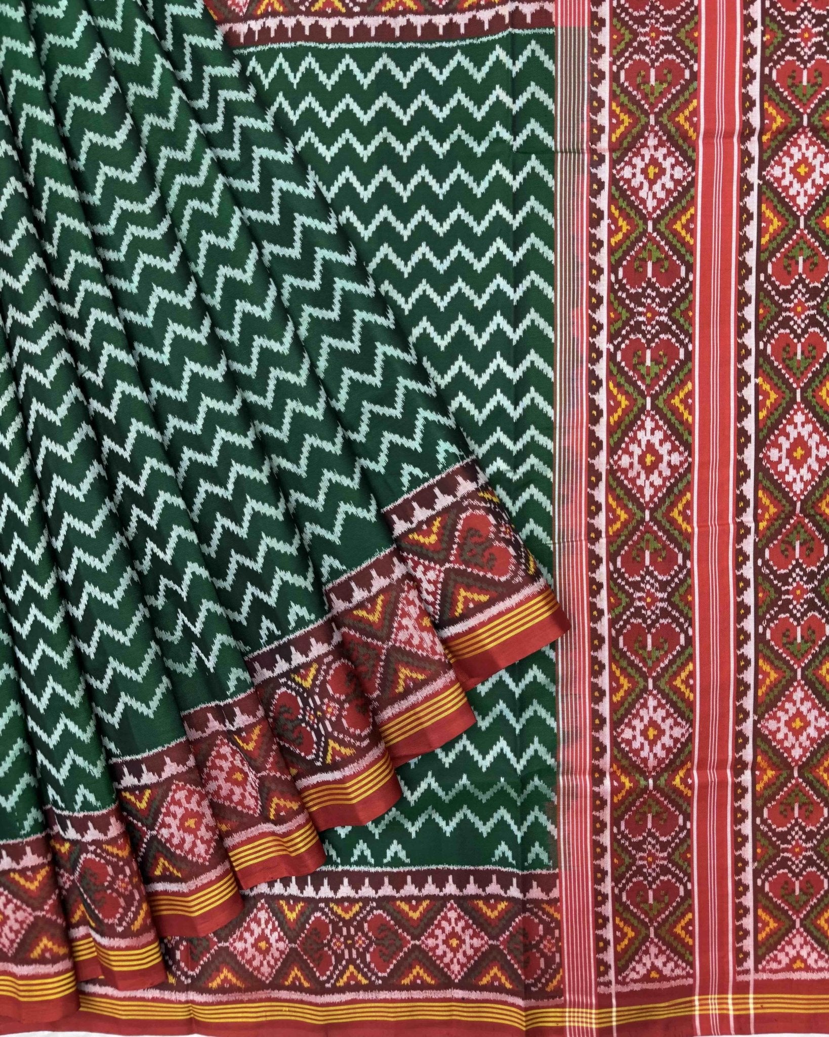 Red & Green Zig Zag Semi Double Ikat Patola Saree - SindhoiPatolaArt
