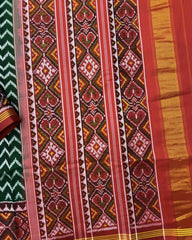 Red & Green Zig Zag Semi Double Ikat Patola Saree - SindhoiPatolaArt