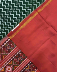 Red & Green Zig Zag Semi Double Ikat Patola Saree - SindhoiPatolaArt