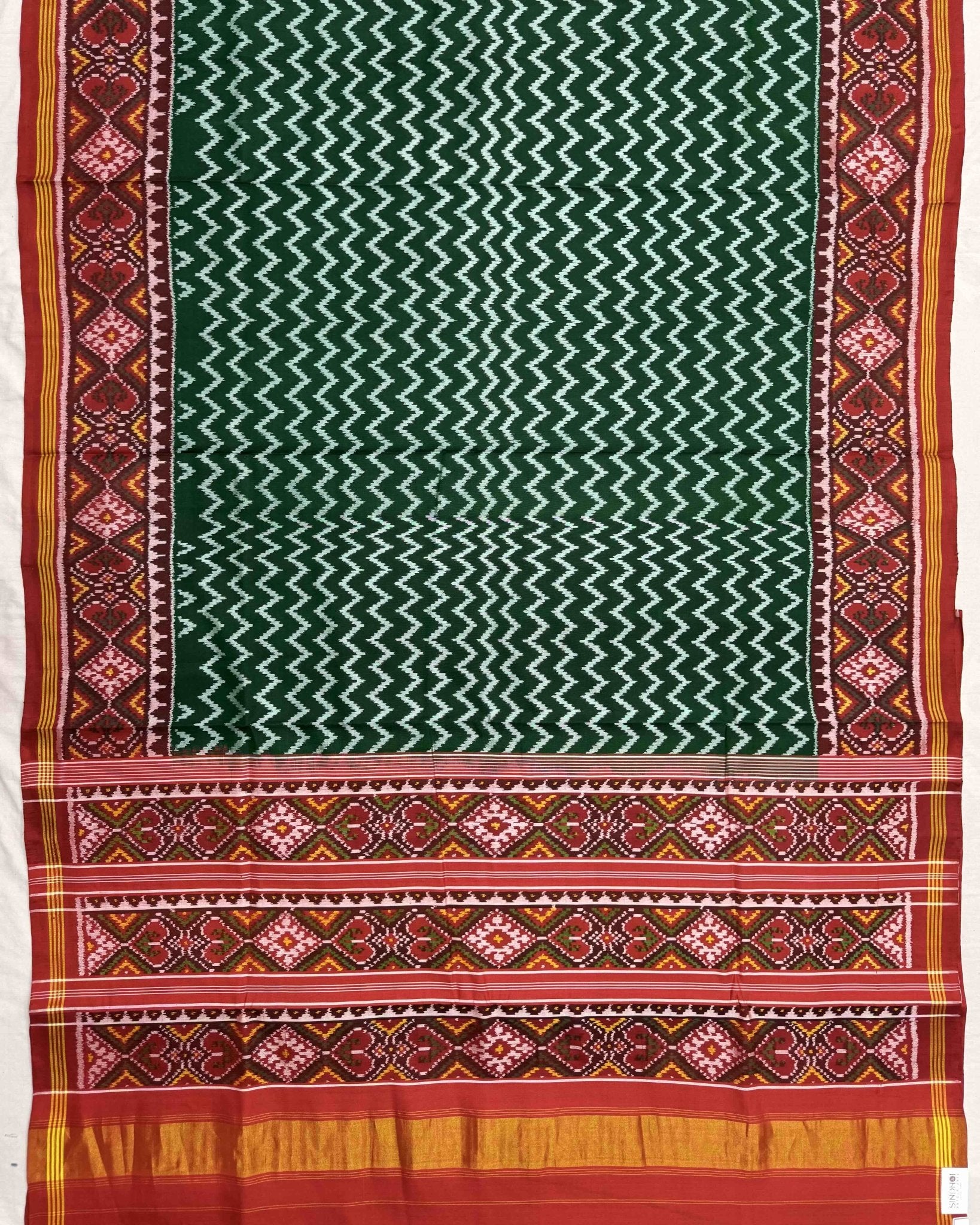 Red & Green Zig Zag Semi Double Ikat Patola Saree - SindhoiPatolaArt