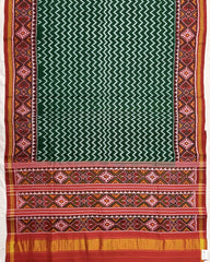Red & Green Zig Zag Semi Double Ikat Patola Saree - SindhoiPatolaArt