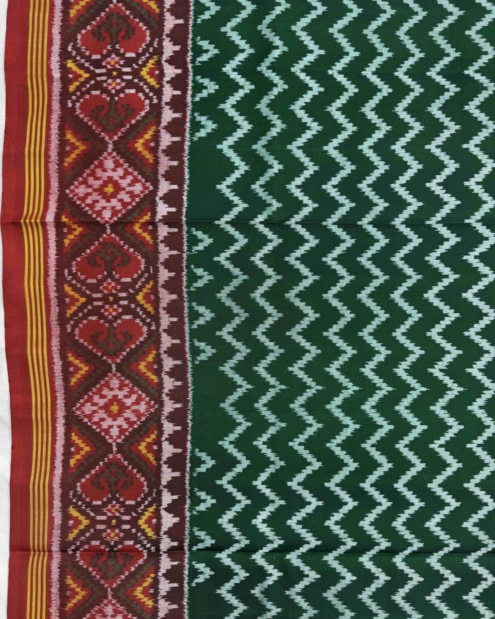 Red & Green Zig Zag Semi Double Ikat Patola Saree - SindhoiPatolaArt