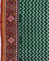 Red & Green Zig Zag Semi Double Ikat Patola Saree - SindhoiPatolaArt