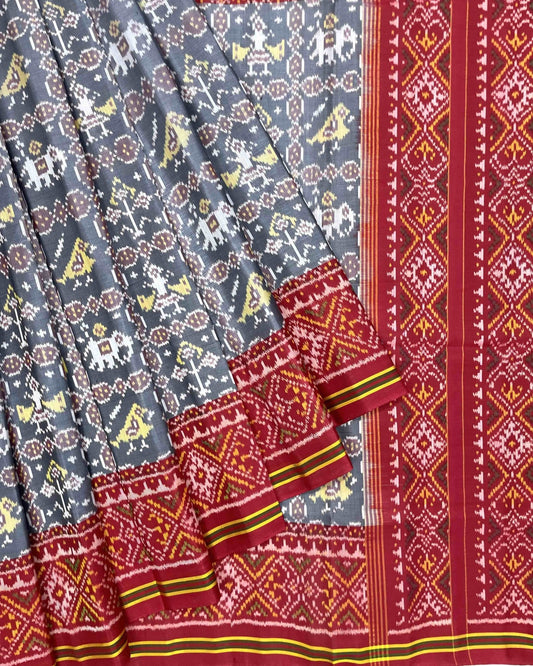 Red & Grey Small Narikunj Patola Saree - SindhoiPatolaArt