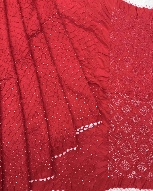 Red Habotai Bandhani Saree - SindhoiPatolaArt