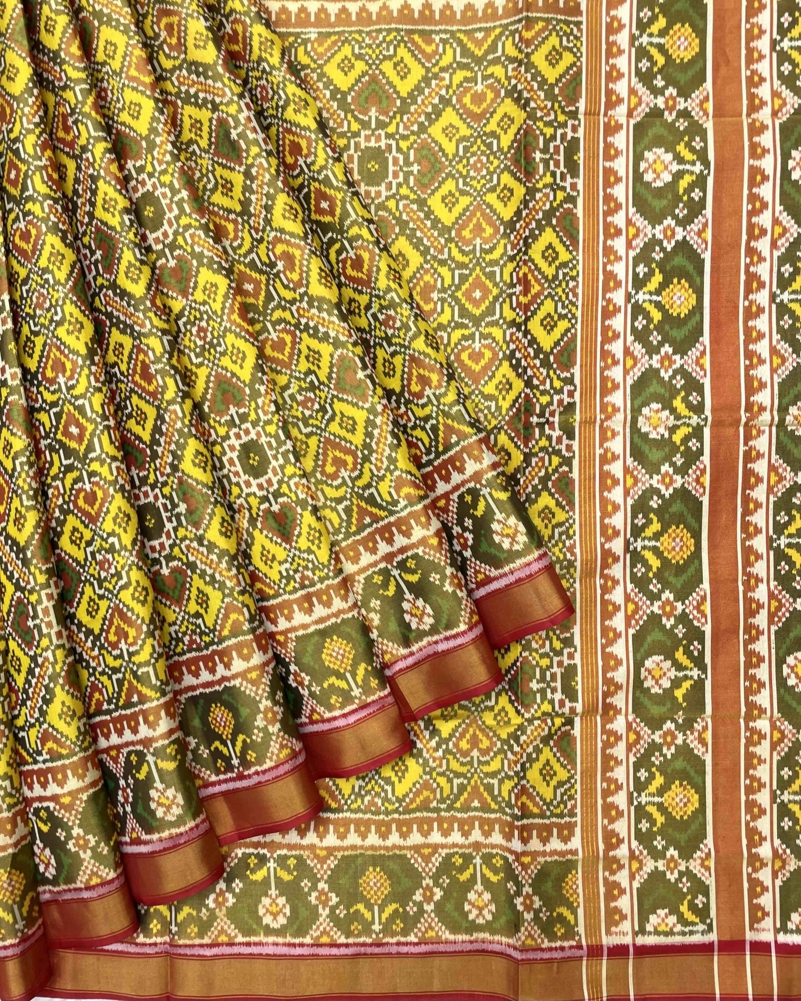Red & Lemon Yellow Manekchowk Tissue Patola Saree - SindhoiPatolaArt
