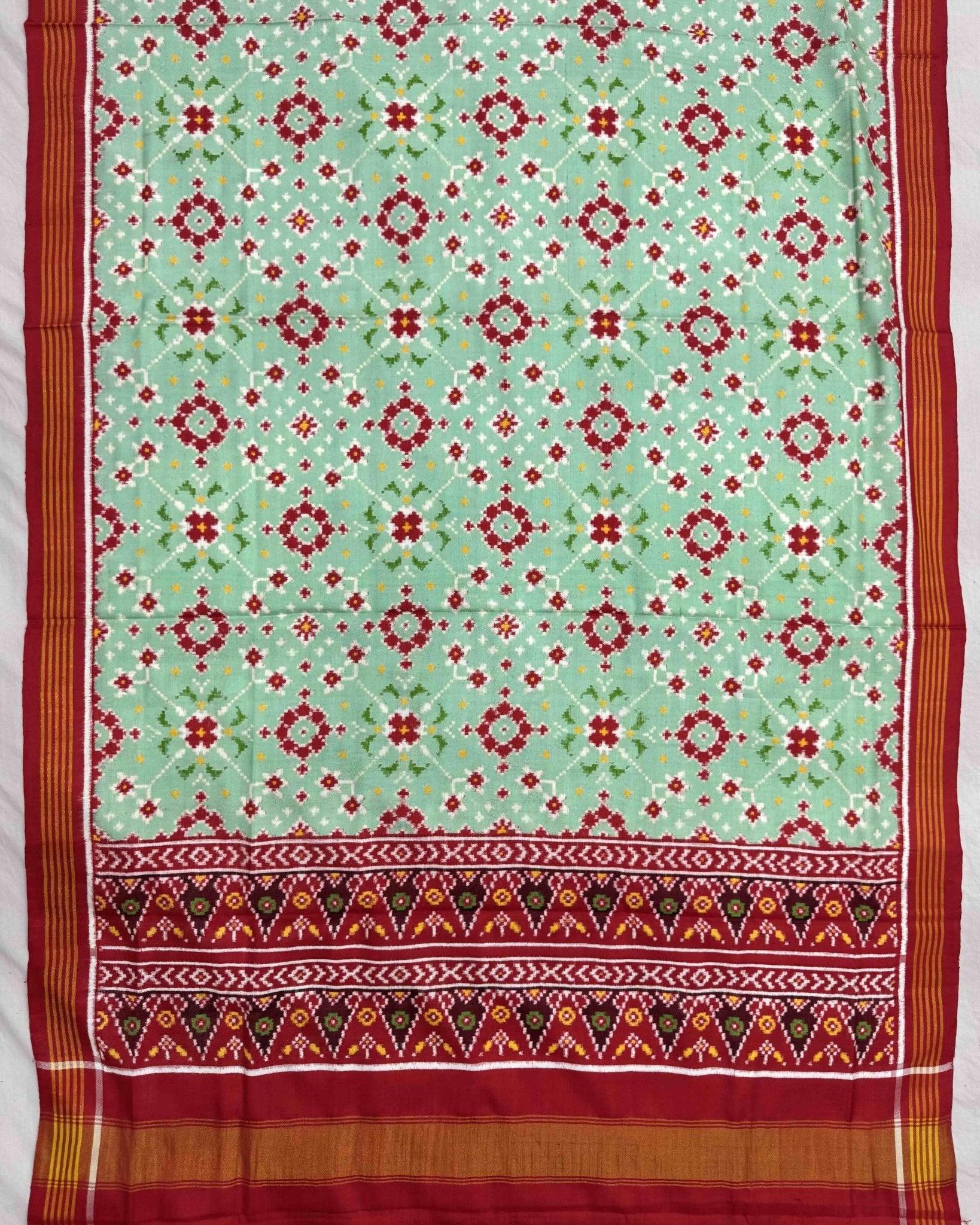 Red & Light Green Navratan Double Ikat Patola Dupatta - SindhoiPatolaArt