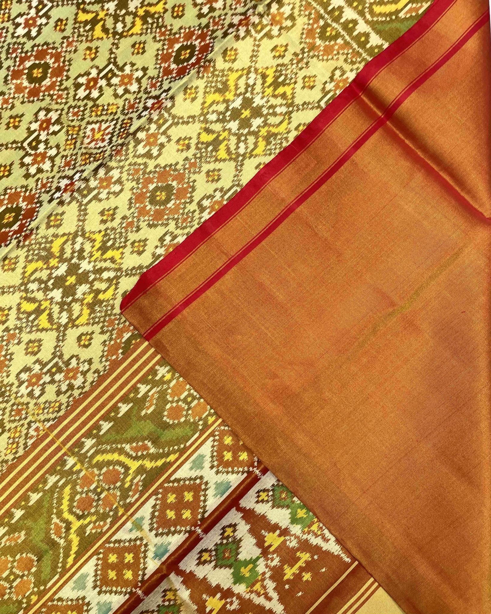Red & Light Green Navratan Tissue Patola Saree - SindhoiPatolaArt