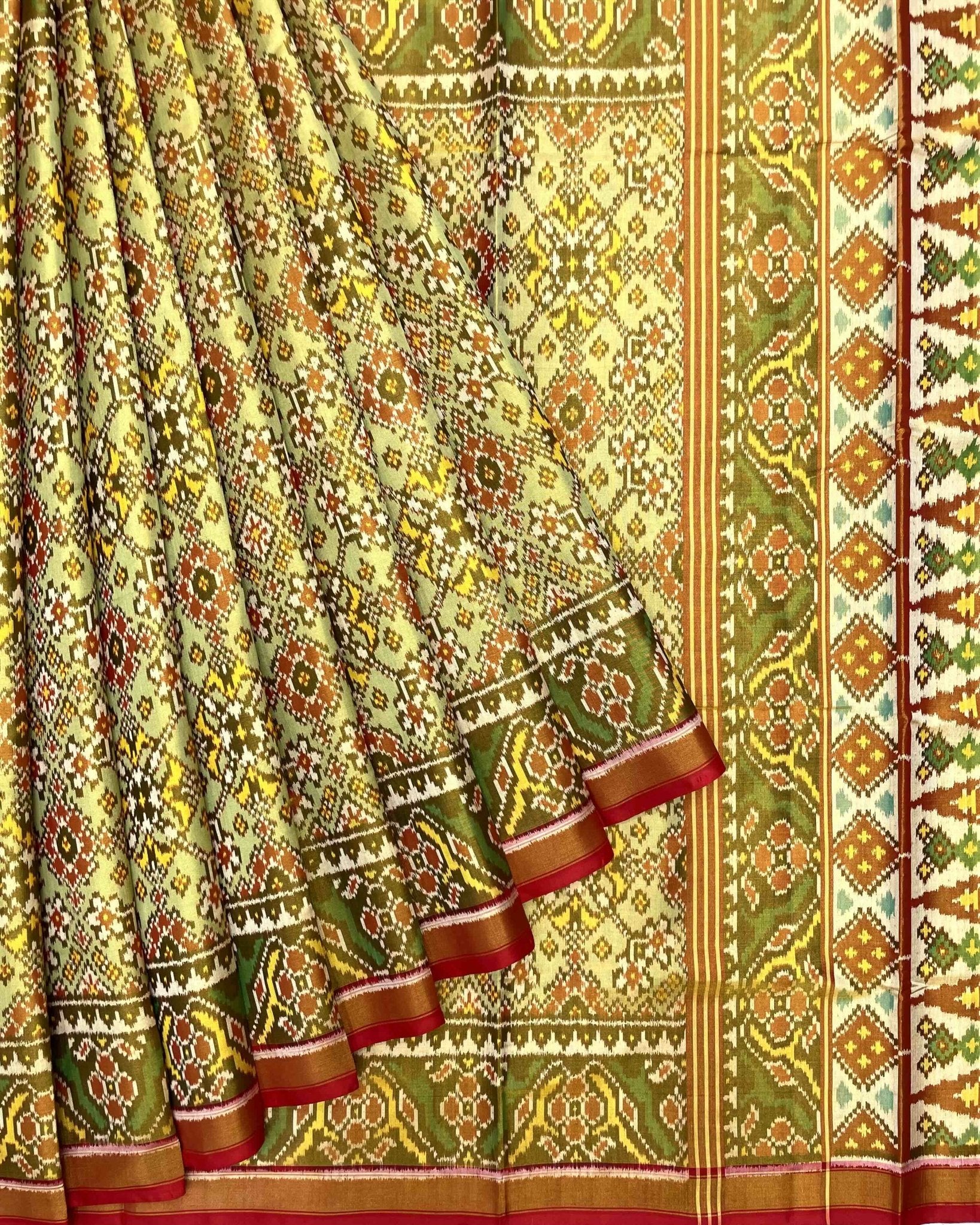 Red & Light Green Navratan Tissue Patola Saree - SindhoiPatolaArt