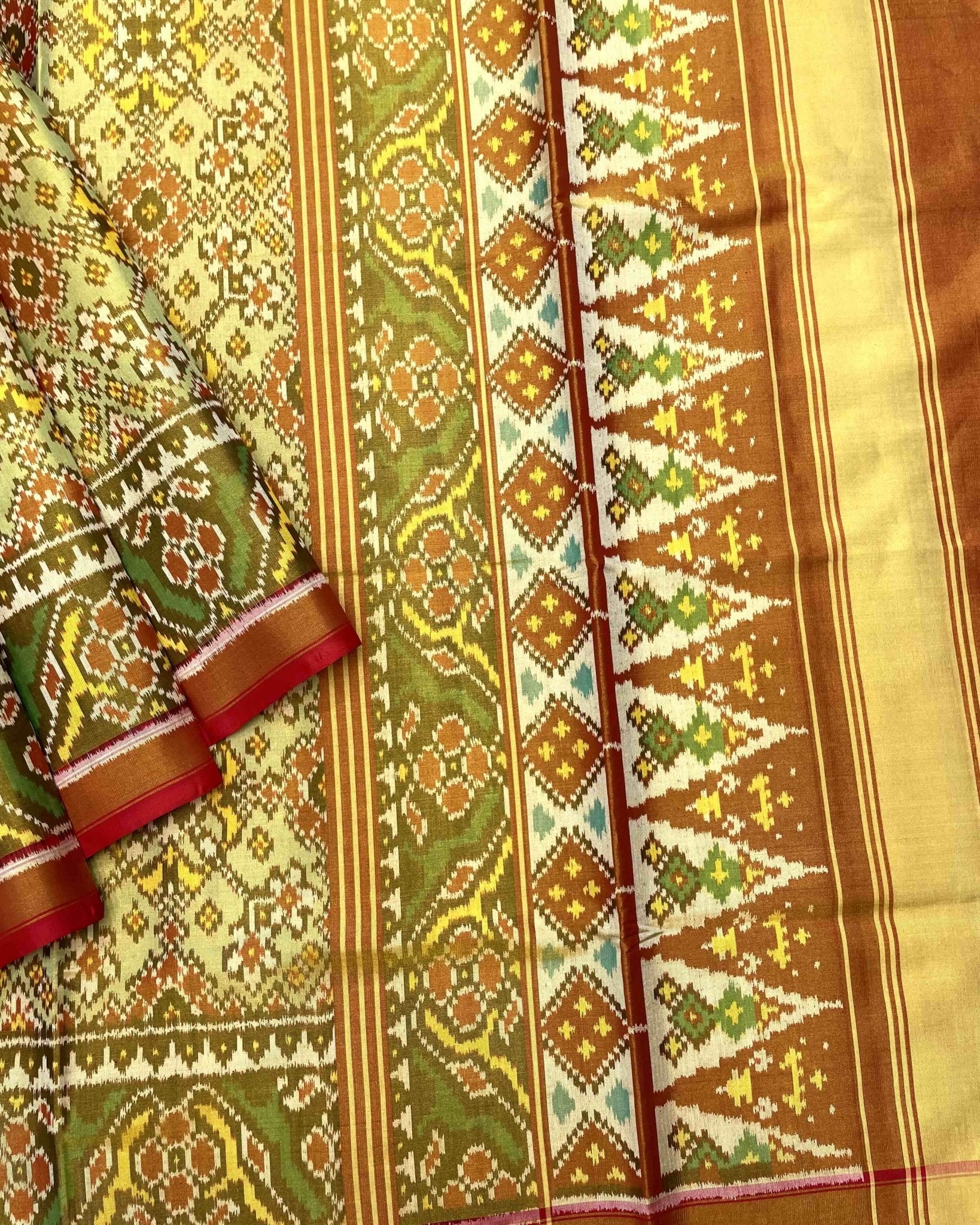 Red & Light Green Navratan Tissue Patola Saree - SindhoiPatolaArt