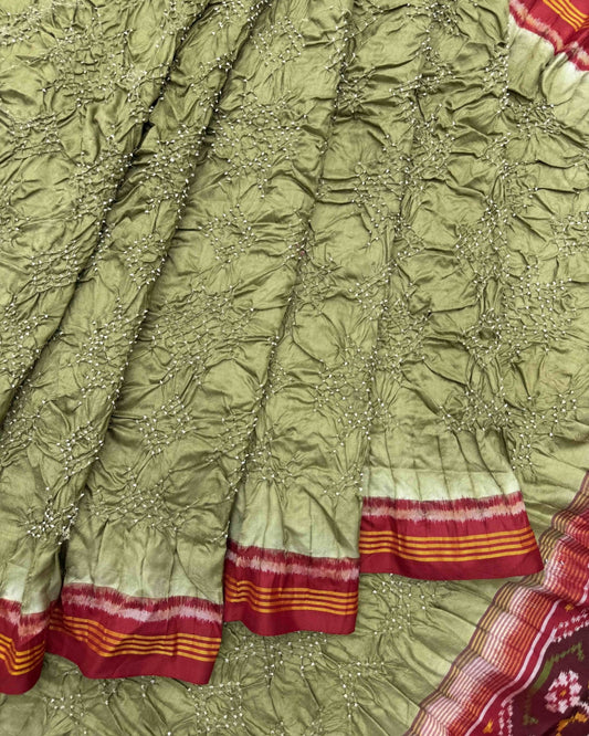 Red & LIght Mehendi Green Semi Double Ikat Bandhani Patola Saree - SindhoiPatolaArt
