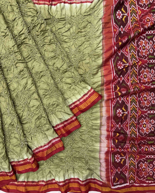 Red & LIght Mehendi Green Semi Double Ikat Bandhani Patola Saree - SindhoiPatolaArt