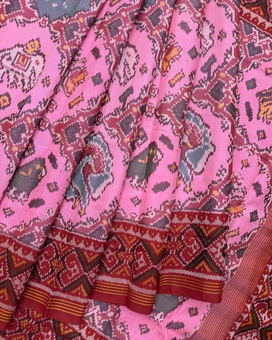Red & Light Pink Big Figure Narikunj Semi Double Ikat Patola Saree - SindhoiPatolaArt