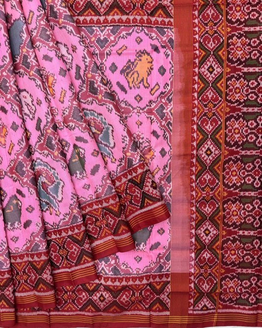 Red & Light Pink Big Figure Narikunj Semi Double Ikat Patola Saree - SindhoiPatolaArt