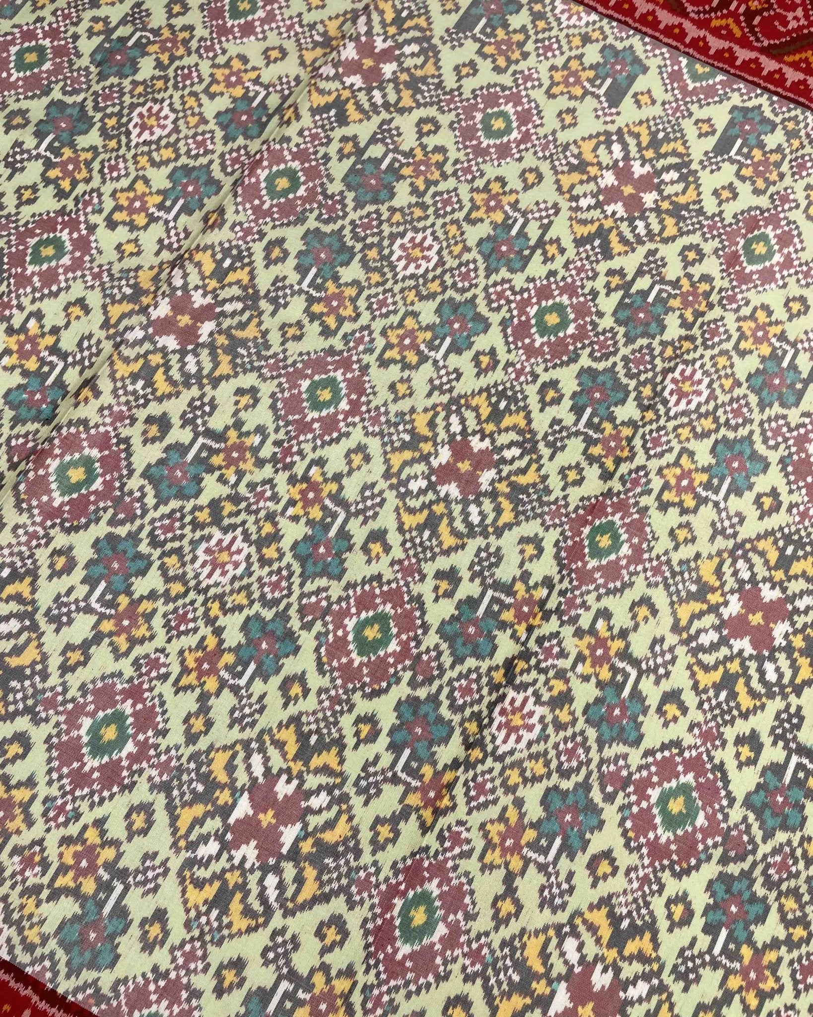 Red & Light Pista Navratan Designer Patola Saree - SindhoiPatolaArt