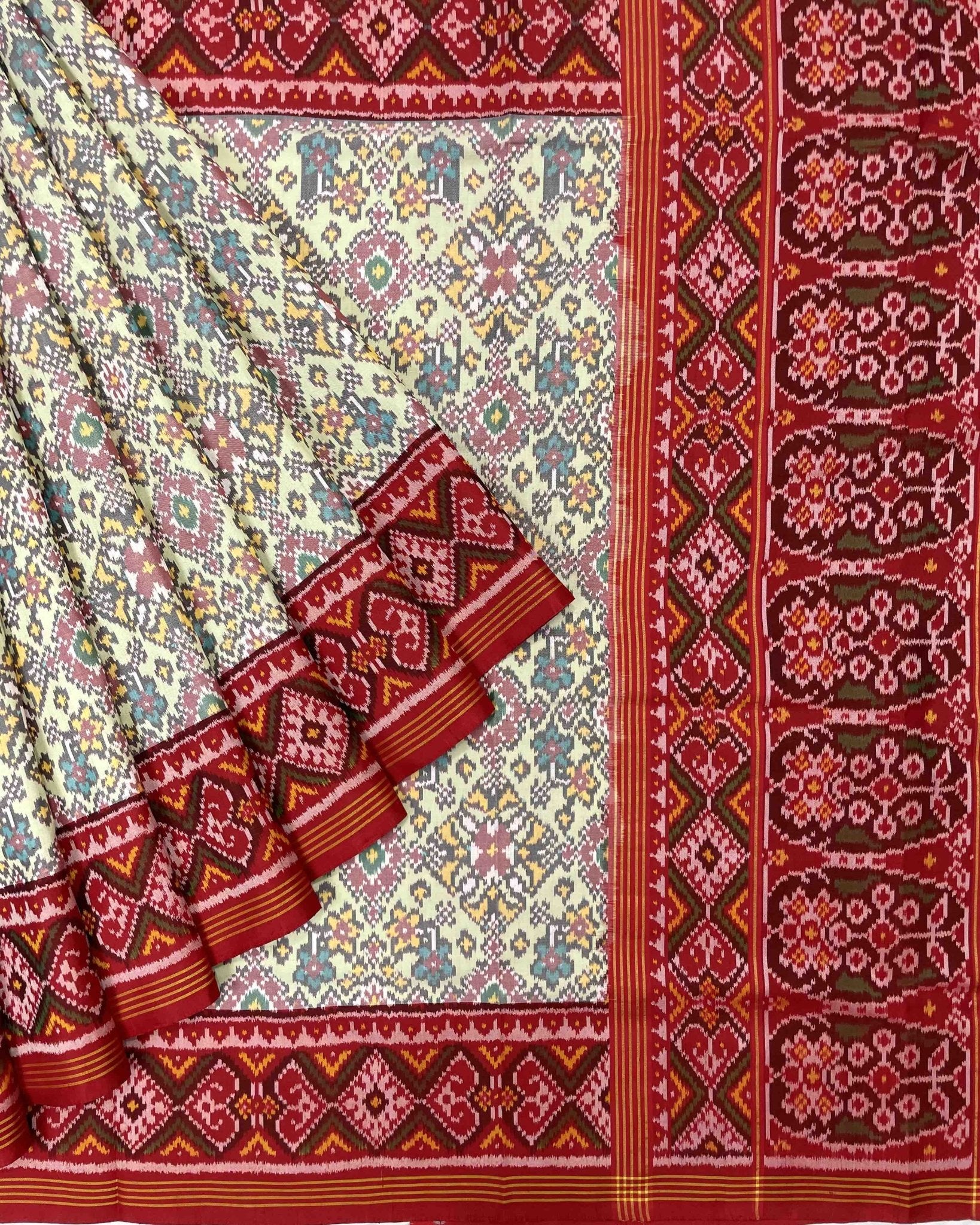 Red & Light Pista Navratan Designer Patola Saree - SindhoiPatolaArt